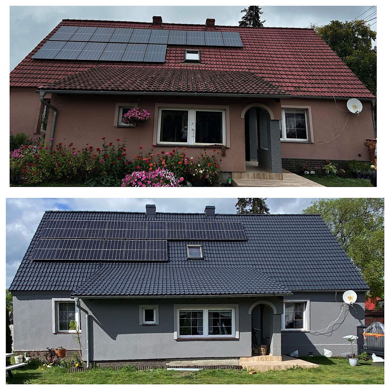 Porównanie elewacji i dachu domu przed i po renowacji: odcienie różu i czerwieni zastąpione przez szarość, z nowymi panelami słonecznymi na dachu.