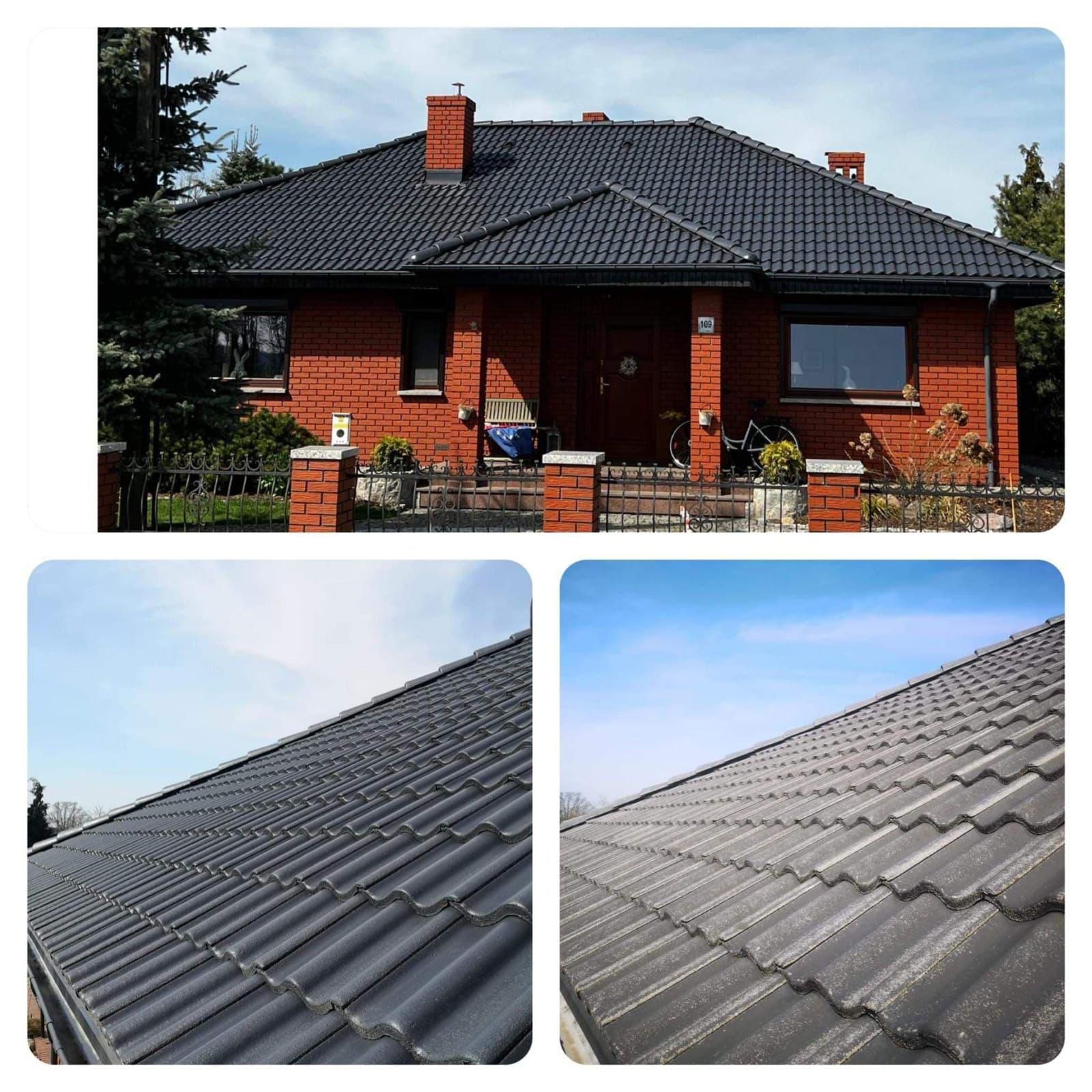 Ceglany dom jednorodzinny z ciemnoszarą dachówką karpiówką, widok z ogrodu z rowerem i ławeczką, zbliżenie na dachówkę przed i po czyszczeniu.