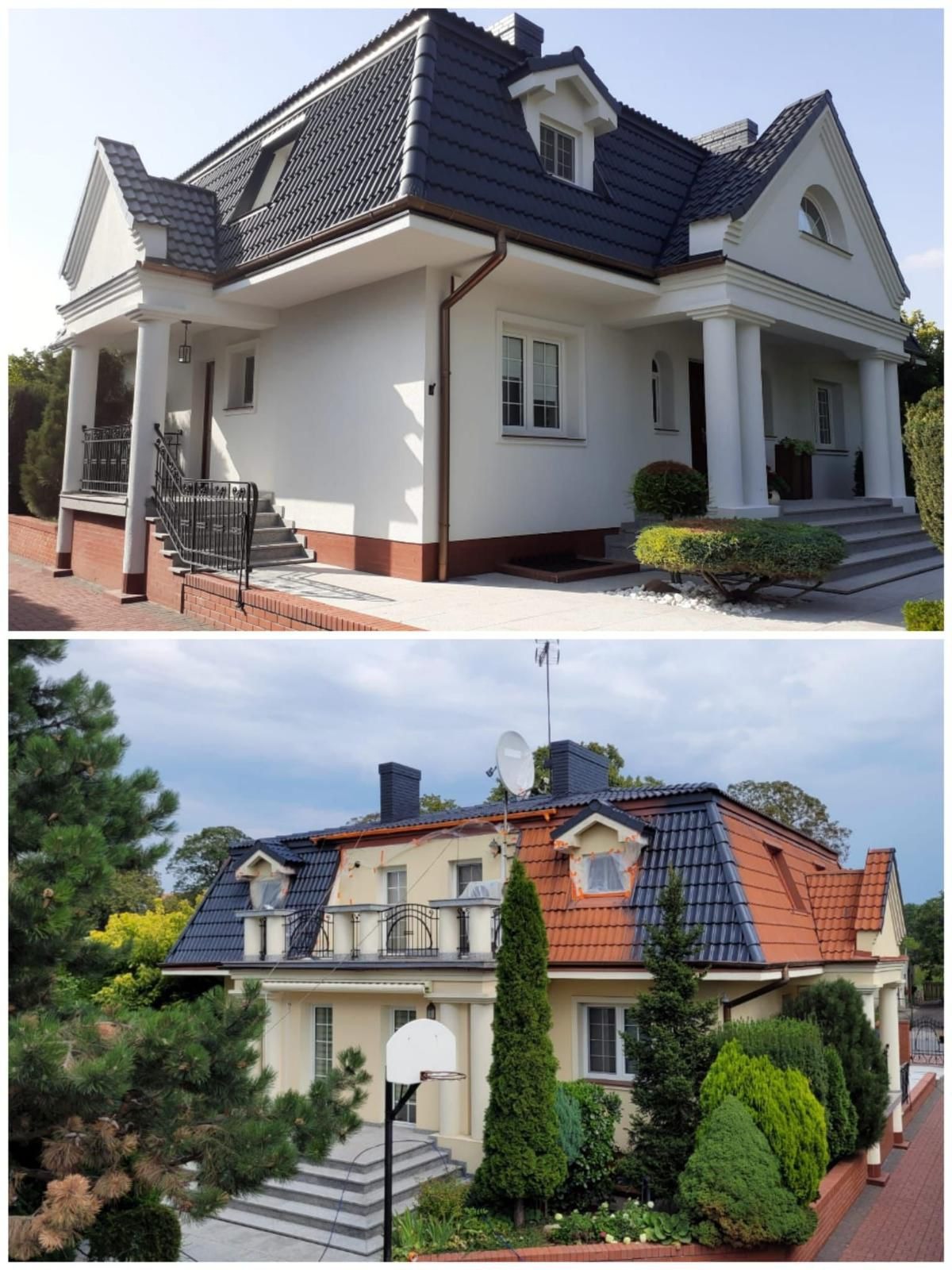 Porównanie elewacji domu przed i po renowacji: odcień beżowy przed, biały po, z ciemną dachówką i kolumnami.