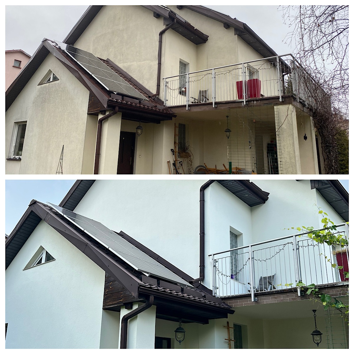 Porównanie elewacji domu przed i po odświeżeniu: odcień kremowy kontra czysta biel, uwydatnione detale architektoniczne, panele słoneczne na dachu.