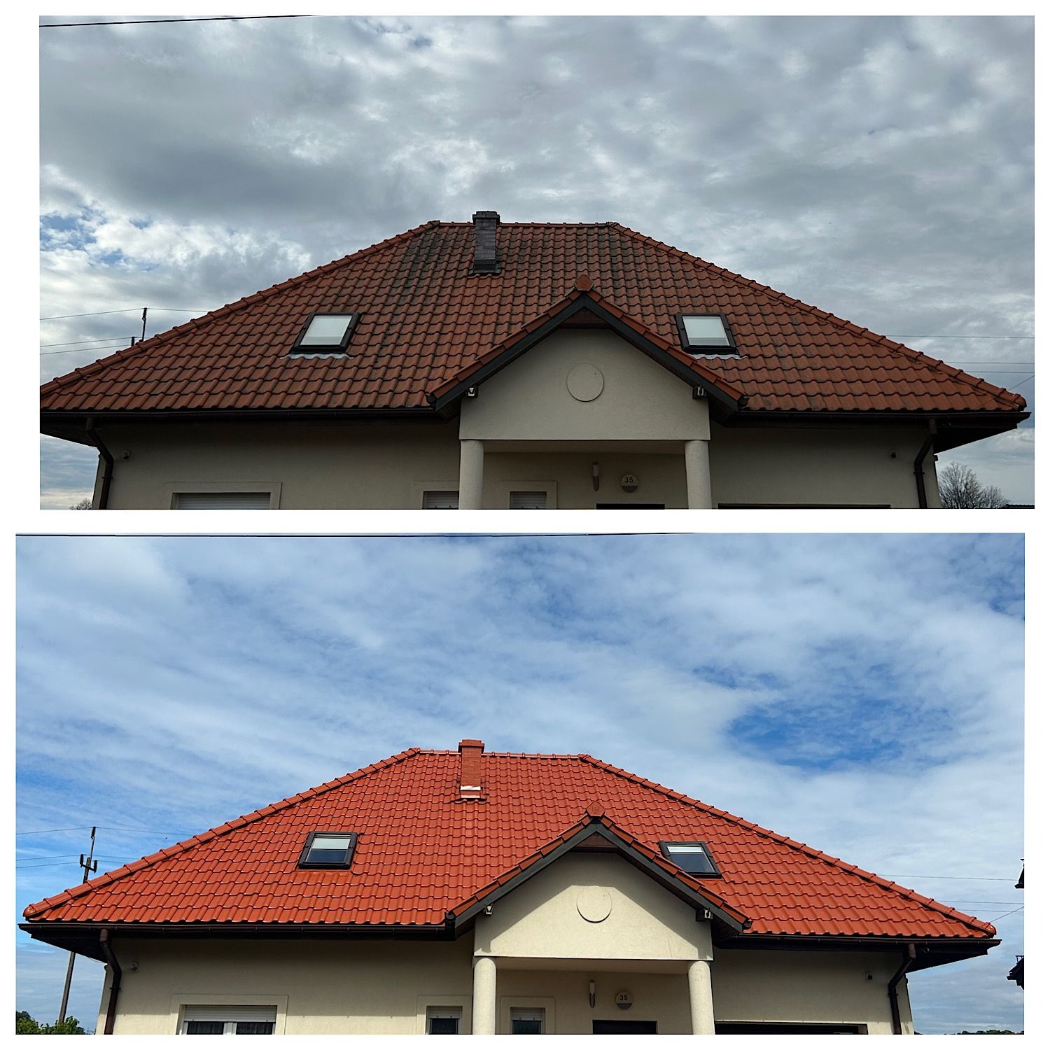 Porównanie dachu domu przed i po czyszczeniu, widoczne różnice w kolorze i czystości dachówki oraz komina.