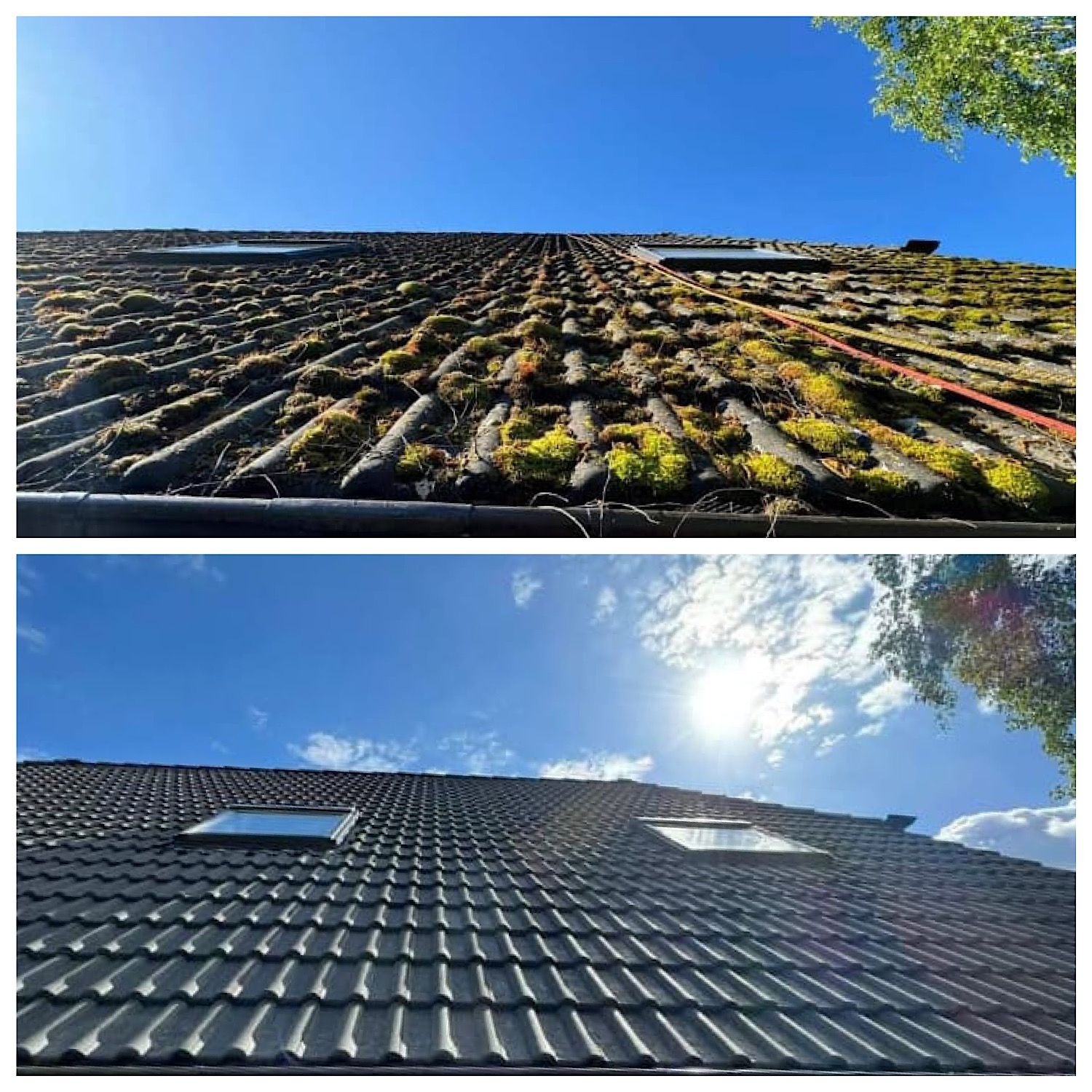 Porównanie dachu przed i po czyszczeniu: górna część pokryta mchem i zabrudzeniami, dolna część z czystą, ciemną dachówką i oknem dachowym, widoczne niebo.