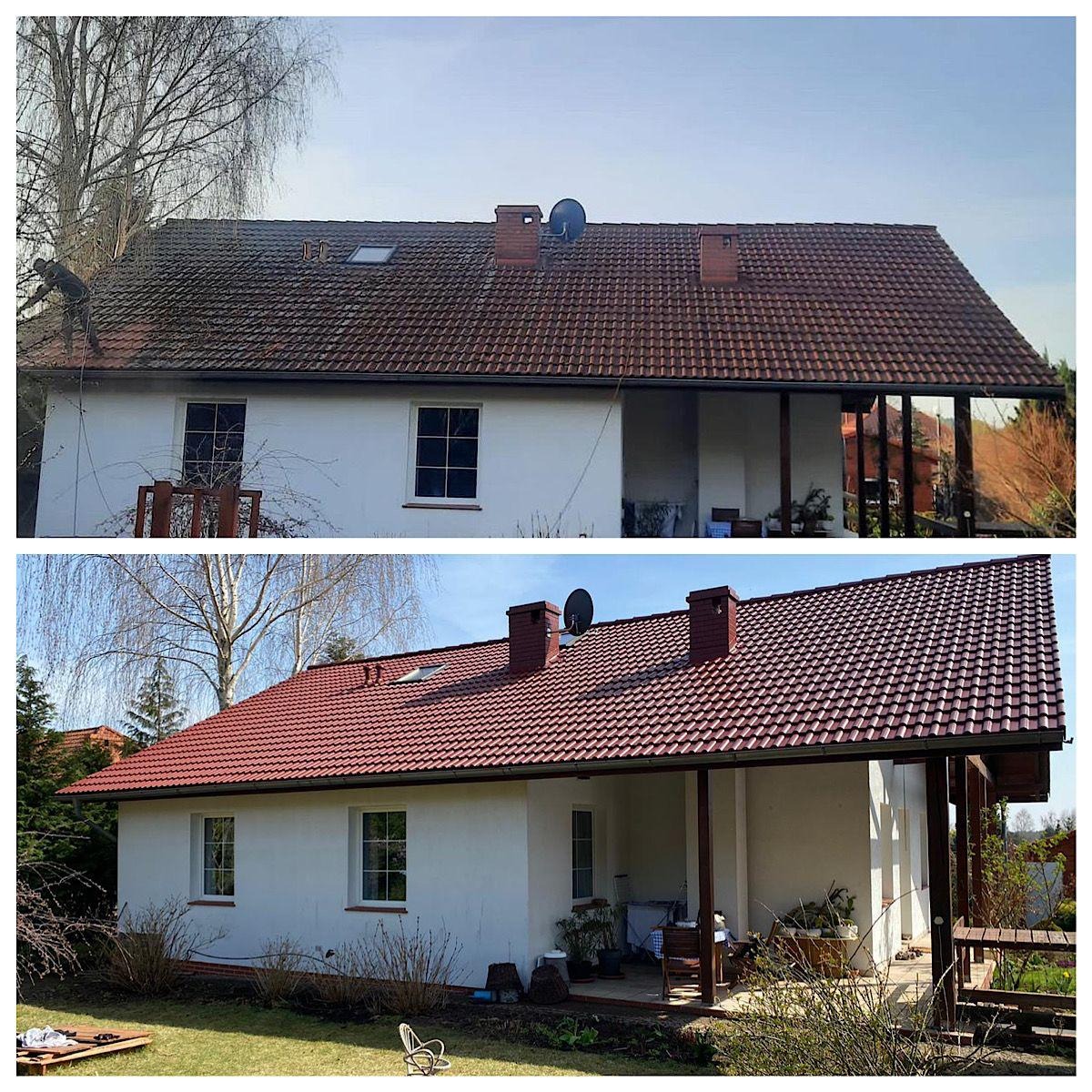 Dom jednorodzinny przed i po czyszczeniu elewacji i dachu; widoczna różnica w kolorze i czystości powierzchni.