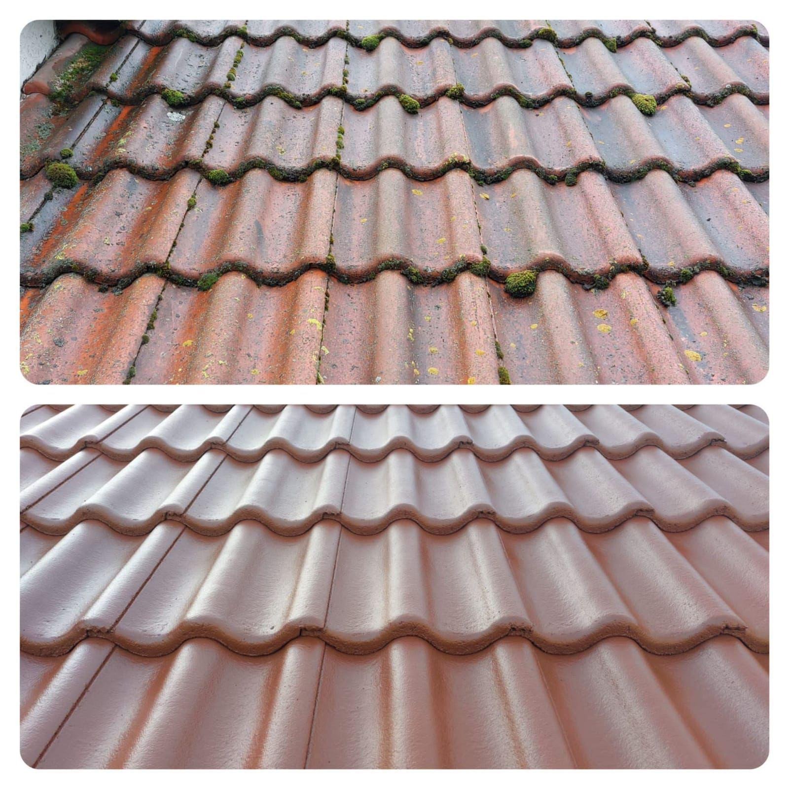 Porównanie dachu przed i po czyszczeniu: zarośnięta mchem czerwona dachówka kontra czysta, brązowa dachówka ceramiczna