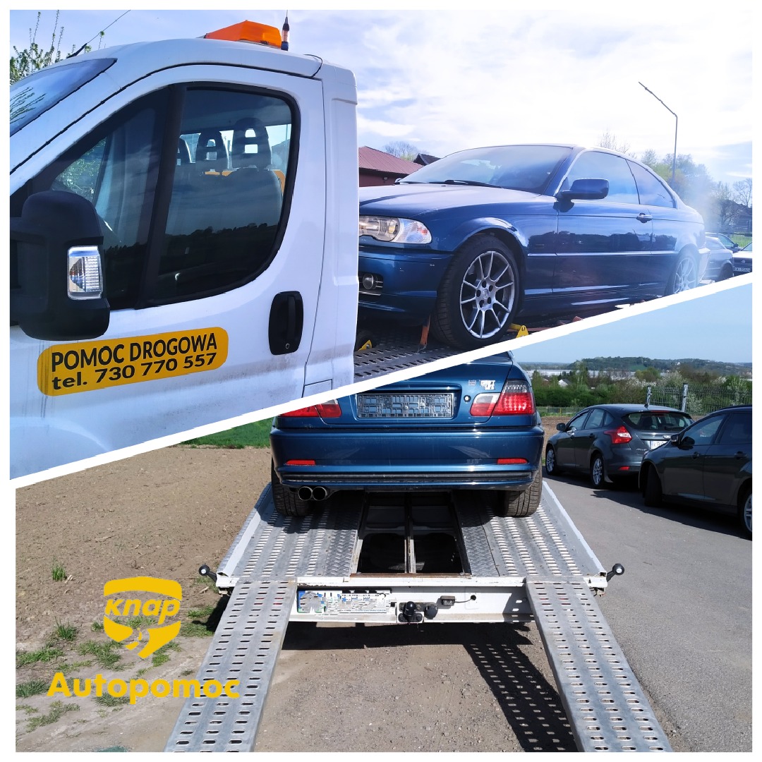 Niebieskie BMW E46 na platformie lawety, widok z przodu i z tyłu, z widocznym numerem telefonu pomocy drogowej na pojeździe holowniczym. Ujęcie z perspektywy platformy lawety.