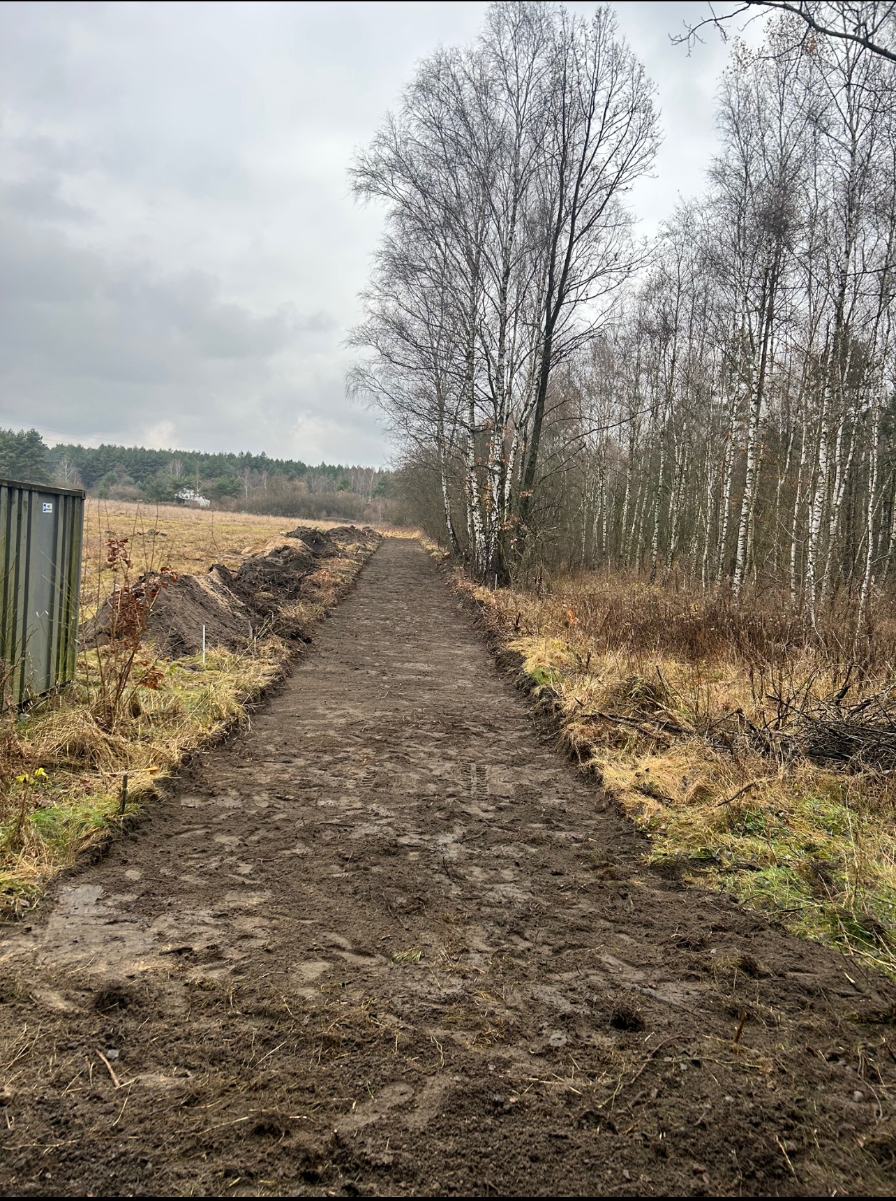 Wyrównana, błotnista ścieżka wzdłuż obrzeża lasu, z widocznymi śladami opon i świeżo usuniętą warstwą ziemi po bokach, sugerująca przygotowanie pod utwardzenie drogi na tle pochmurnego nieba.