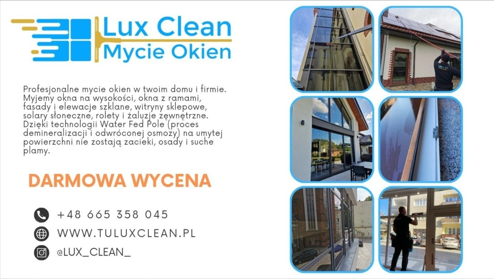 Kolaż zdjęć prezentujący firmę Lux Clean oferującą usługi mycia okien; widoczne budynki z dużymi przeszkleniami, pracownik używający teleskopowego kija do mycia okien na wysokości oraz zbliżenie...