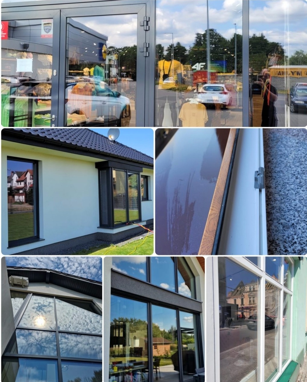 Zestawienie ujęć okien po umyciu: okna sklepowe, domowe z czarnymi ramami, duże przeszklenia z odbiciem nieba, detale okienne. Czyste szyby, widoczne otoczenie.