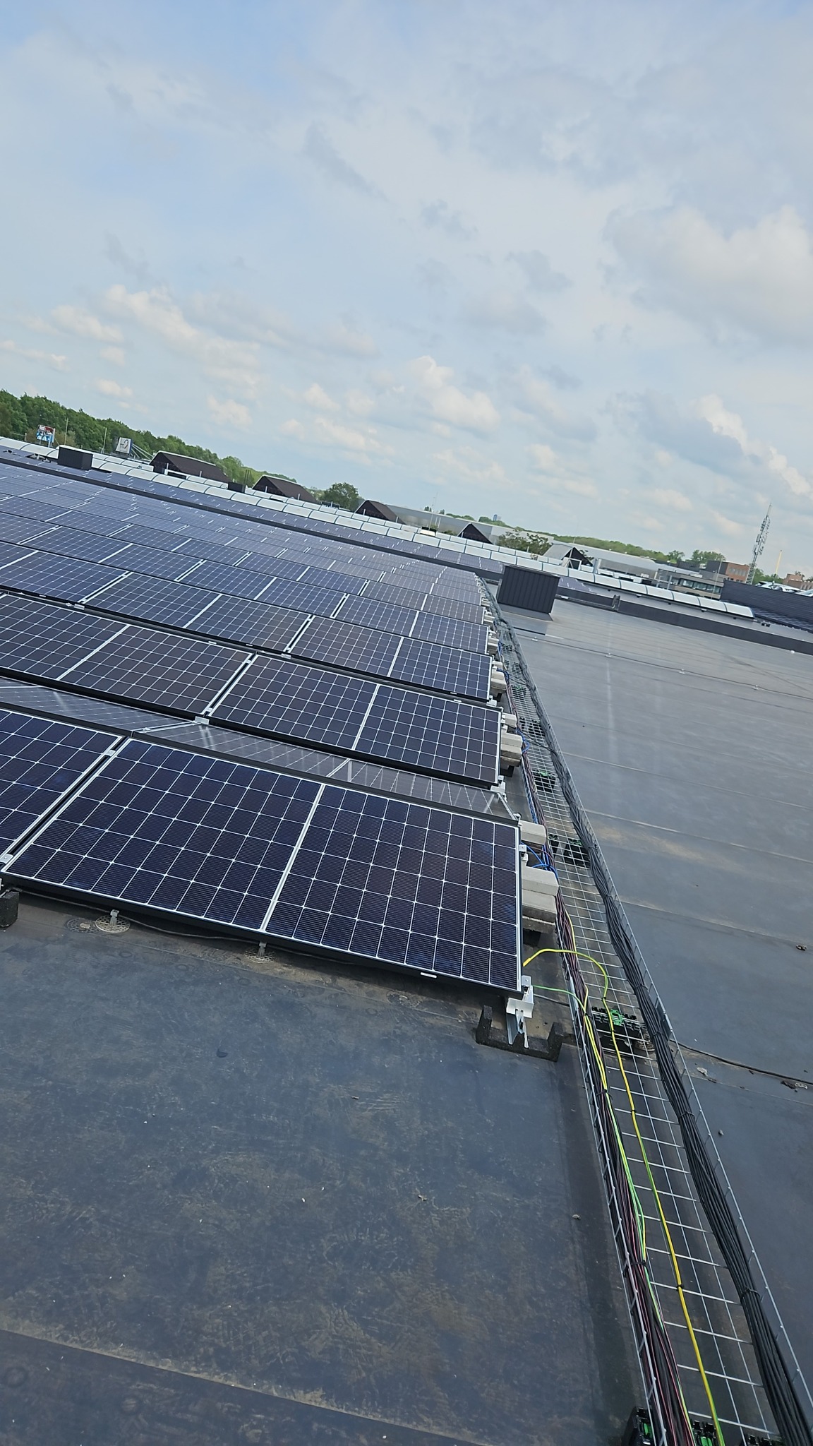 Rząd paneli słonecznych na płaskim dachu, z widocznymi kablami w korytku kablowym, w tle budynki i pochmurne niebo.