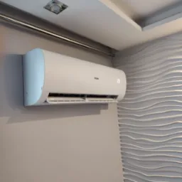 Biała klimatyzacja Haier zamontowana na szarej ścianie, wyświetlająca temperaturę 23 stopnie, widoczna dekoracyjna ściana w tle.