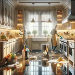 Dwie osoby w fartuchach i chustach na głowie sprzątają luksusową kuchnię z błyszczącą podłogą, widoczne środki czystości, mop i metalowy kosz na k&oacute;łkach.