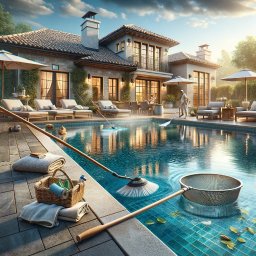 Cleaning Services Uliana Salapata - Czyszczenie basenu przy luksusowej willi: osoba w uniformie usuwa zanieczyszczenia, obok koszyk z ręcznikami i środkami czystości, widoczne narzędzia do czyszczenia basenu, w tle leżaki i parasole.
