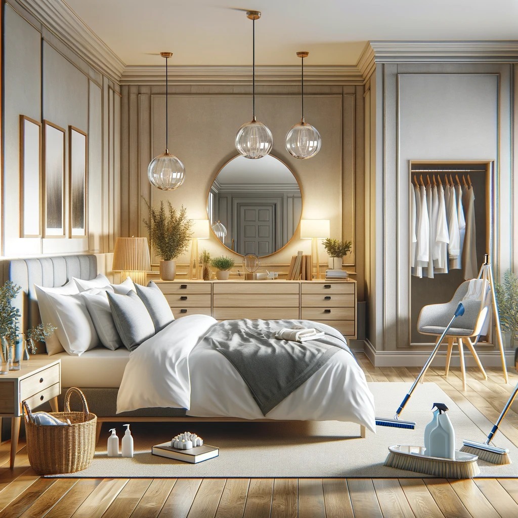 Elegancka sypialnia z drewnianą podłogą i łóżkiem z szarą narzutą, w trakcie sprzątania; widoczne mopy, szczotka i butelka ze środkiem czyszczącym na dywanie.