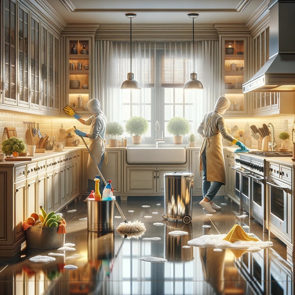 Dwie osoby w fartuchach i chustach na głowie sprzątają luksusową kuchnię z błyszczącą podłogą, widoczne środki czystości, mop i metalowy kosz na kółkach.