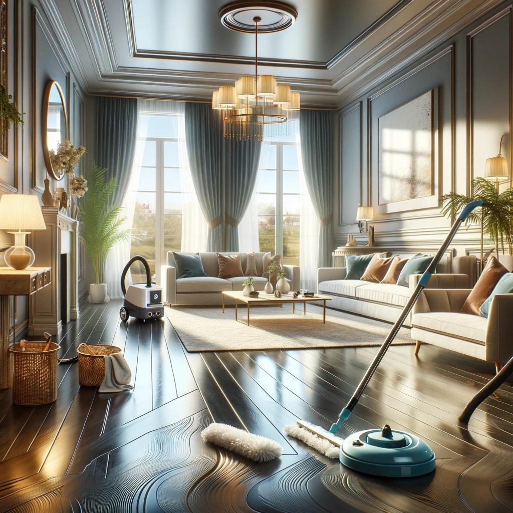 Luksusowy salon z parkietem w trakcie czyszczenia: widoczny mop elektryczny na pierwszym planie, odkurzacz w tle, jasne sofy i okna z zasłonami.