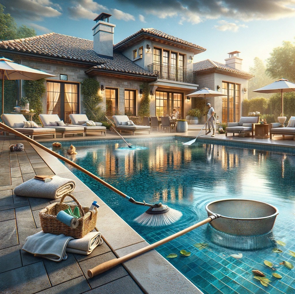 Czyszczenie basenu przy luksusowej willi: osoba w uniformie usuwa zanieczyszczenia, obok koszyk z ręcznikami i środkami czystości, widoczne narzędzia do czyszczenia basenu, w tle leżaki i parasole.