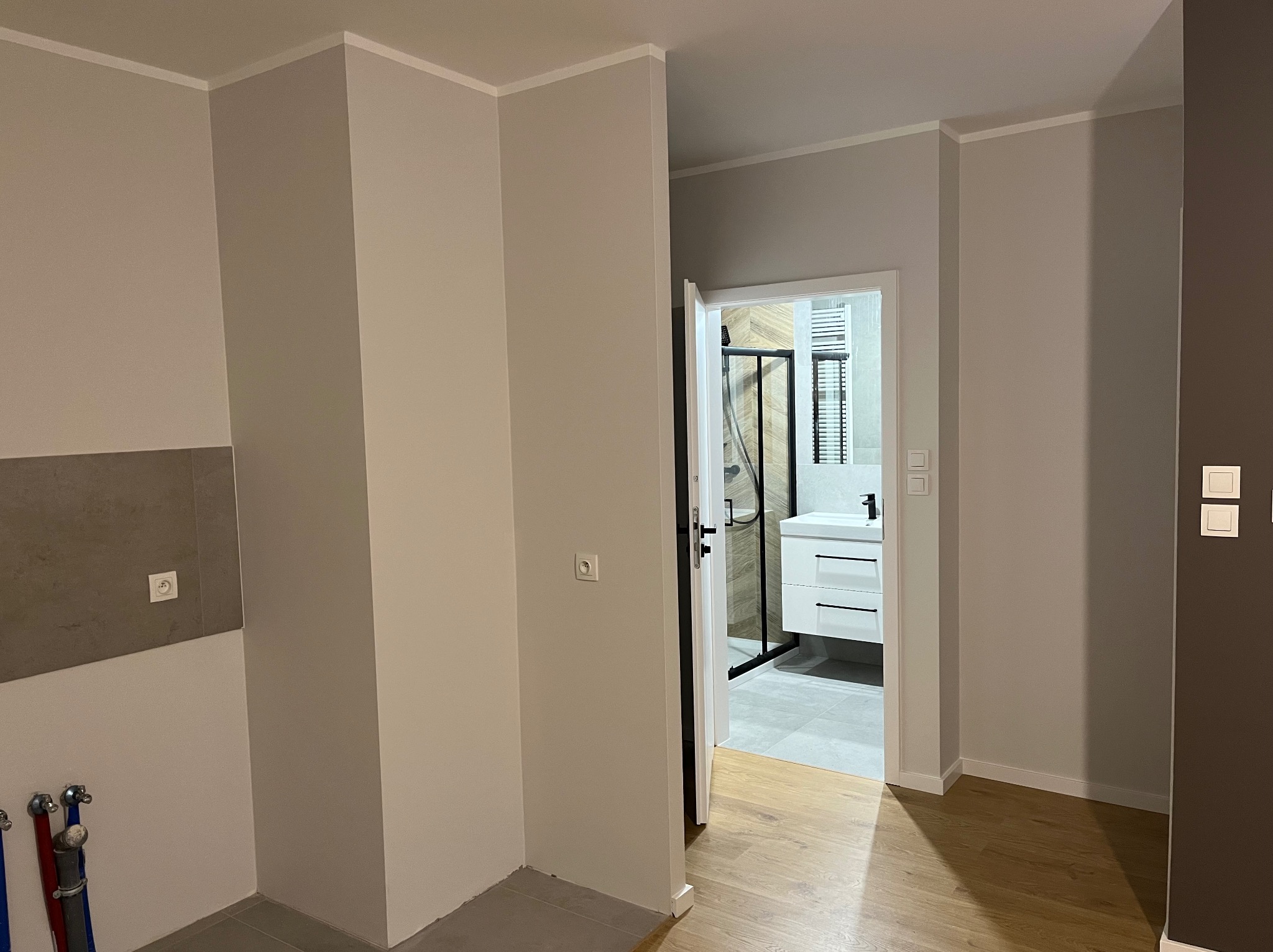 Wykończone wnętrze z otwartymi drzwiami do łazienki. Widoczne szare ściany, fragment instalacji hydraulicznej oraz wykończona łazienka z kabiną prysznicową i umywalką.