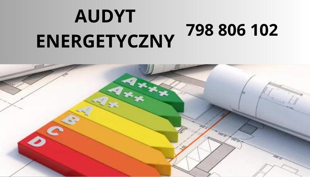 Wykres efektywności energetycznej A+++ do D, leżący na planach architektonicznych, obok zwiniętych rysunków technicznych i numeru telefonu do kontaktu.