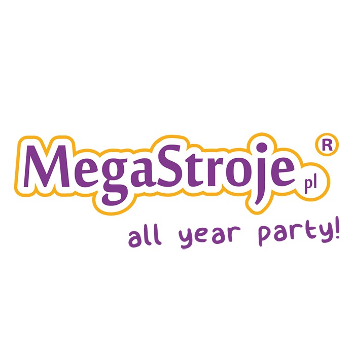 Logo firmy MegaStroje.pl z Warszawy, z fioletowym napisem otoczonym żółtą obwódką i hasłem 'all year party!'
