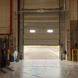 Otwarta segmentowa brama przemysłowa z dwoma małymi oknami, widok z wnętrza hali na zewnątrz, w tle fragment placu i barierki.