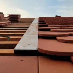 Montaż brązowej dachówki ceramicznej na drewnianej więźbie dachowej, widok z dołu na niebo.