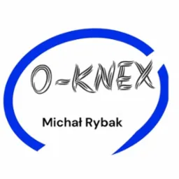Logo firmy O-KNEX Michał Rybak w niebieskim okręgu, nazwa firmy zapisana ozdobną czcionką.