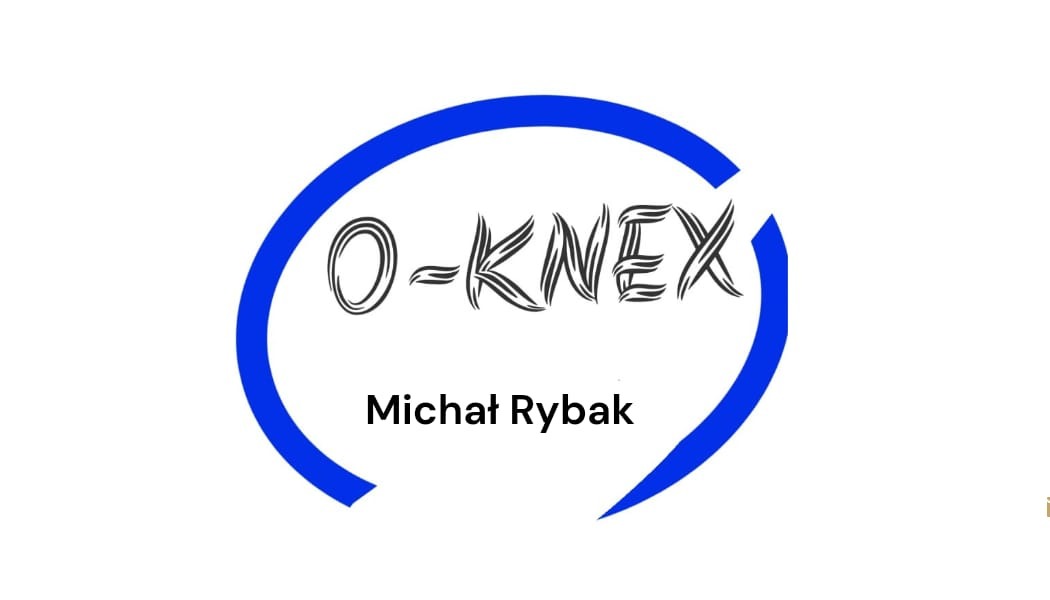 Logo firmy O-KNEX Michał Rybak w niebieskim okręgu, nazwa firmy zapisana ozdobną czcionką.