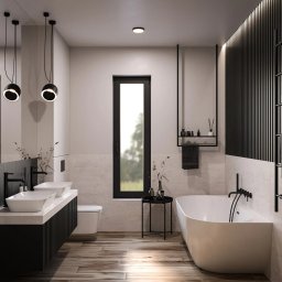 UNA STUDIO - Nowoczesna łazienka w neutralnej kolorystyce z drewnopodobną podłogą, owalną wanną, podwójną umywalką na szafce z czarnymi lamelami i czarnymi akcentami, takimi jak armatura, rama okna i oświetlenie.