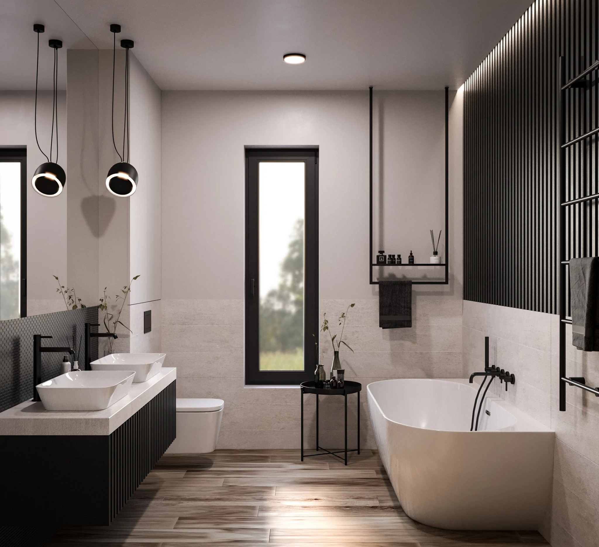 Nowoczesna łazienka w neutralnej kolorystyce z drewnopodobną podłogą, owalną wanną, podwójną umywalką na szafce z czarnymi lamelami i czarnymi akcentami, takimi jak armatura, rama okna i oświetlenie.