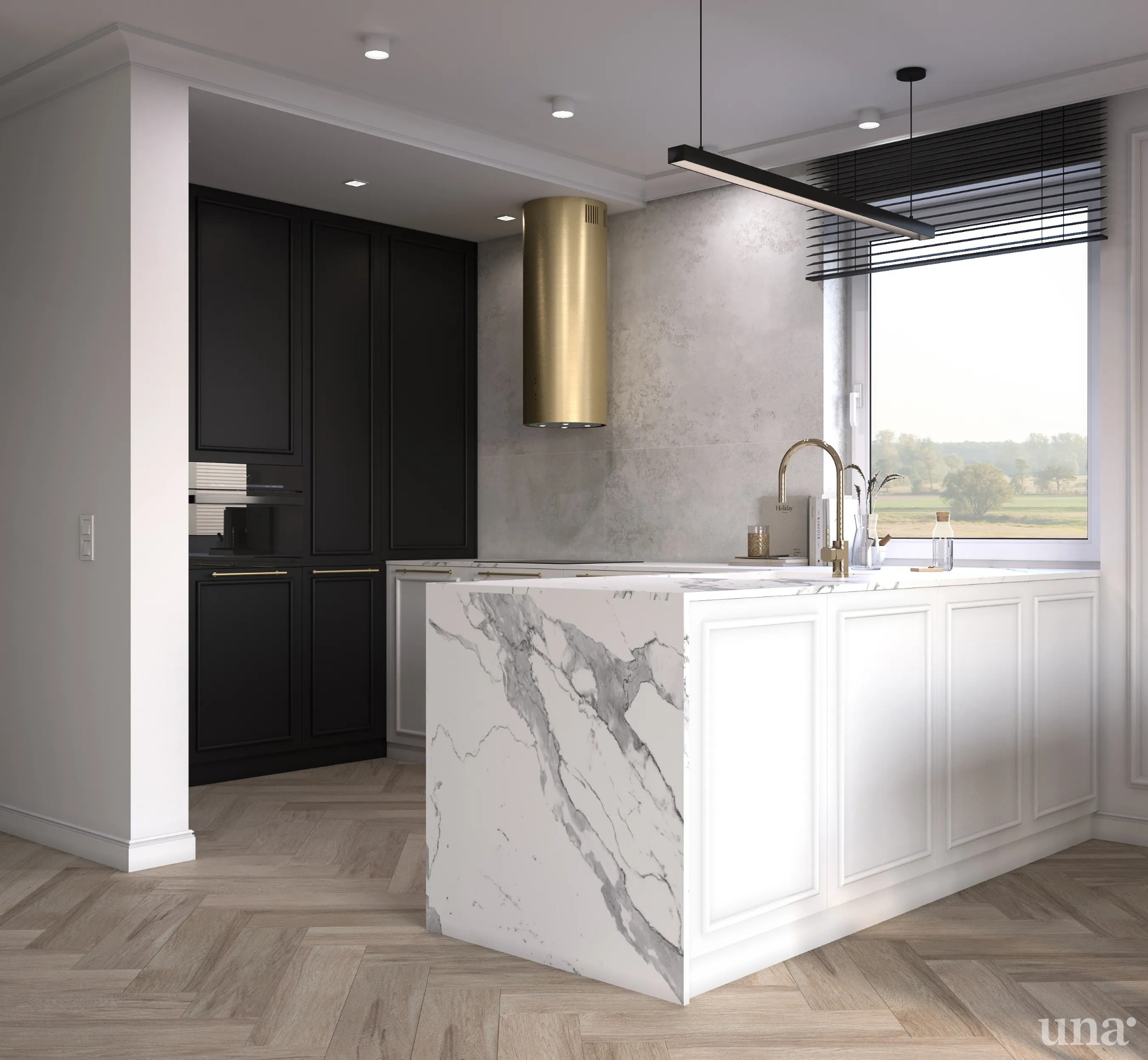 Nowoczesna kuchnia z marmurową wyspą, złotym okapem i czarnymi szafkami, parkiet w jodełkę. Za oknem widok na zielone pola.