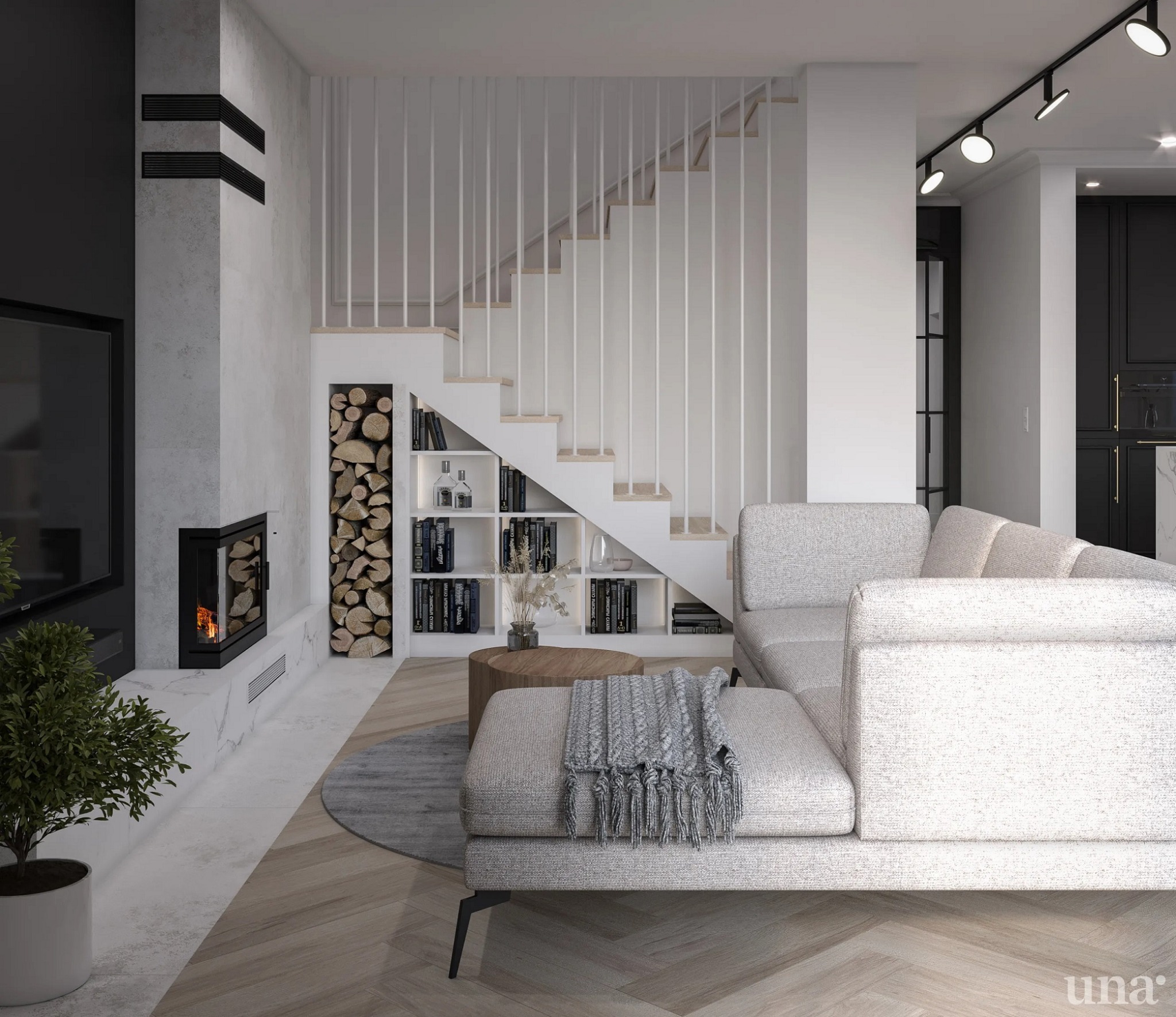 Nowoczesny salon z kominkiem i schodami z wbudowanymi półkami na książki, jasna sofa z szarym pledem, parkiet w jodełkę.
