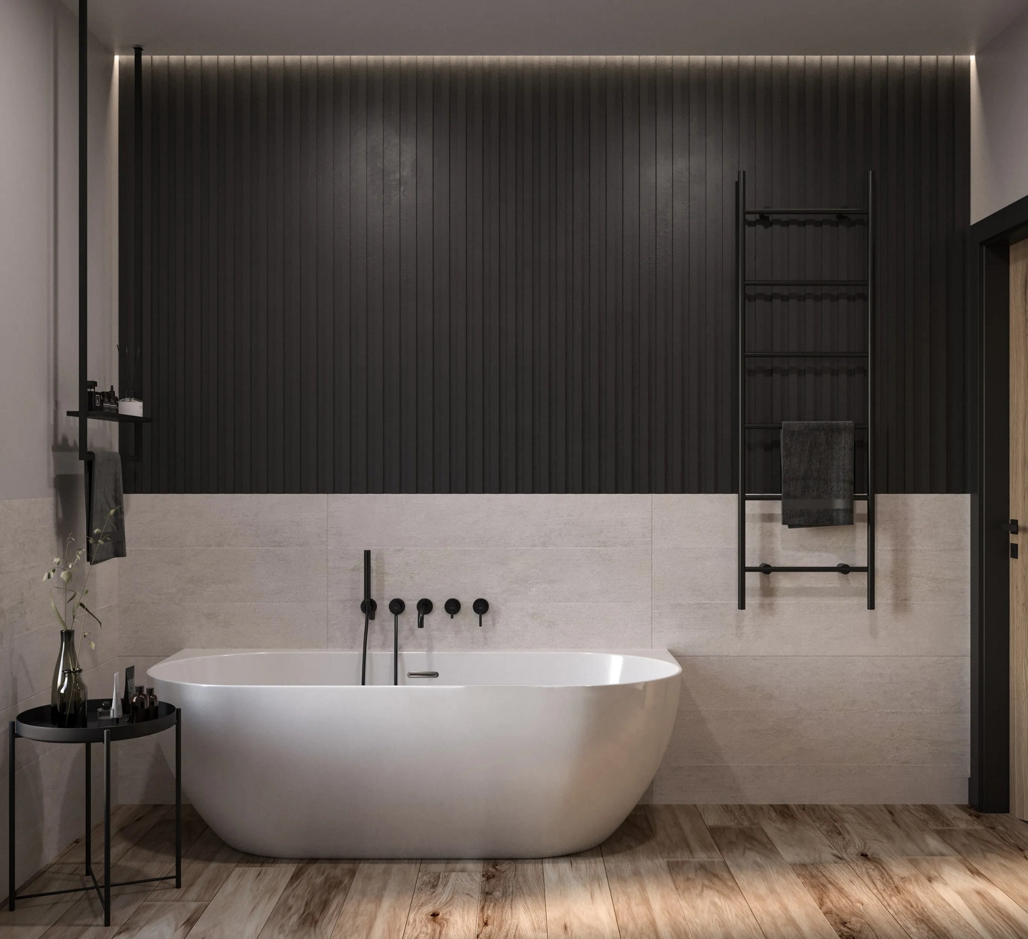Nowoczesna łazienka z wolnostojącą białą wanną, czarną armaturą i grzejnikiem drabinkowym, podświetlana ściana z pionowych paneli, drewnopodobna podłoga, minimalistyczny stolik z dekoracjami.
