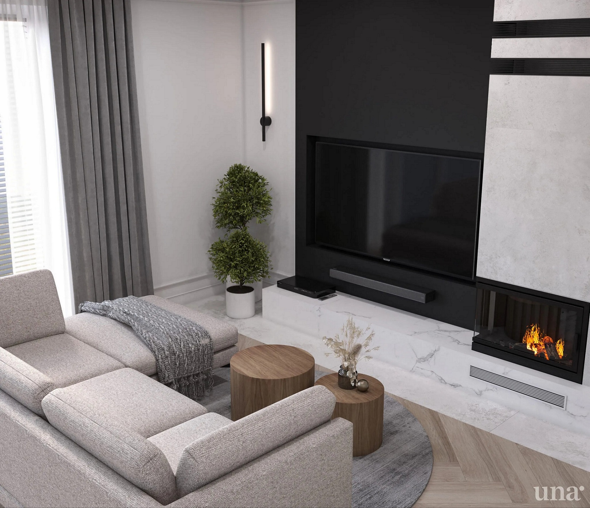 Nowoczesny salon z beżową sofą modułową, okrągłymi stolikami kawowymi z drewna, kominkiem, telewizorem i dekoracyjną rośliną w doniczce.