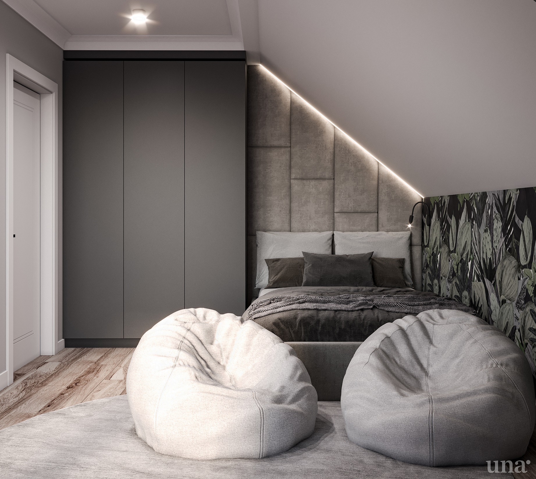 Nowoczesna sypialnia na poddaszu z szarą zabudową szaf, tapicerowanym panelem ściennym z oświetleniem LED, łóżkiem z szarą pościelą i dwoma pufami typu worek na dywanie.