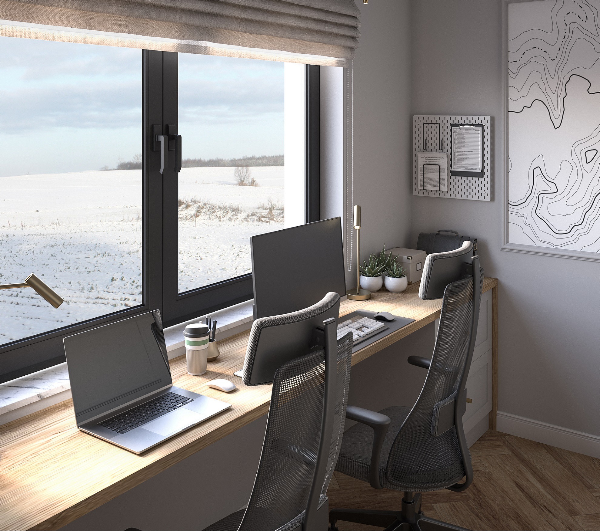 Wizualizacja domowego biura z drewnianym blatem, laptopem, monitorem, akcesoriami biurowymi i widokiem na zimowy krajobraz za oknem w czarnej ramie.
