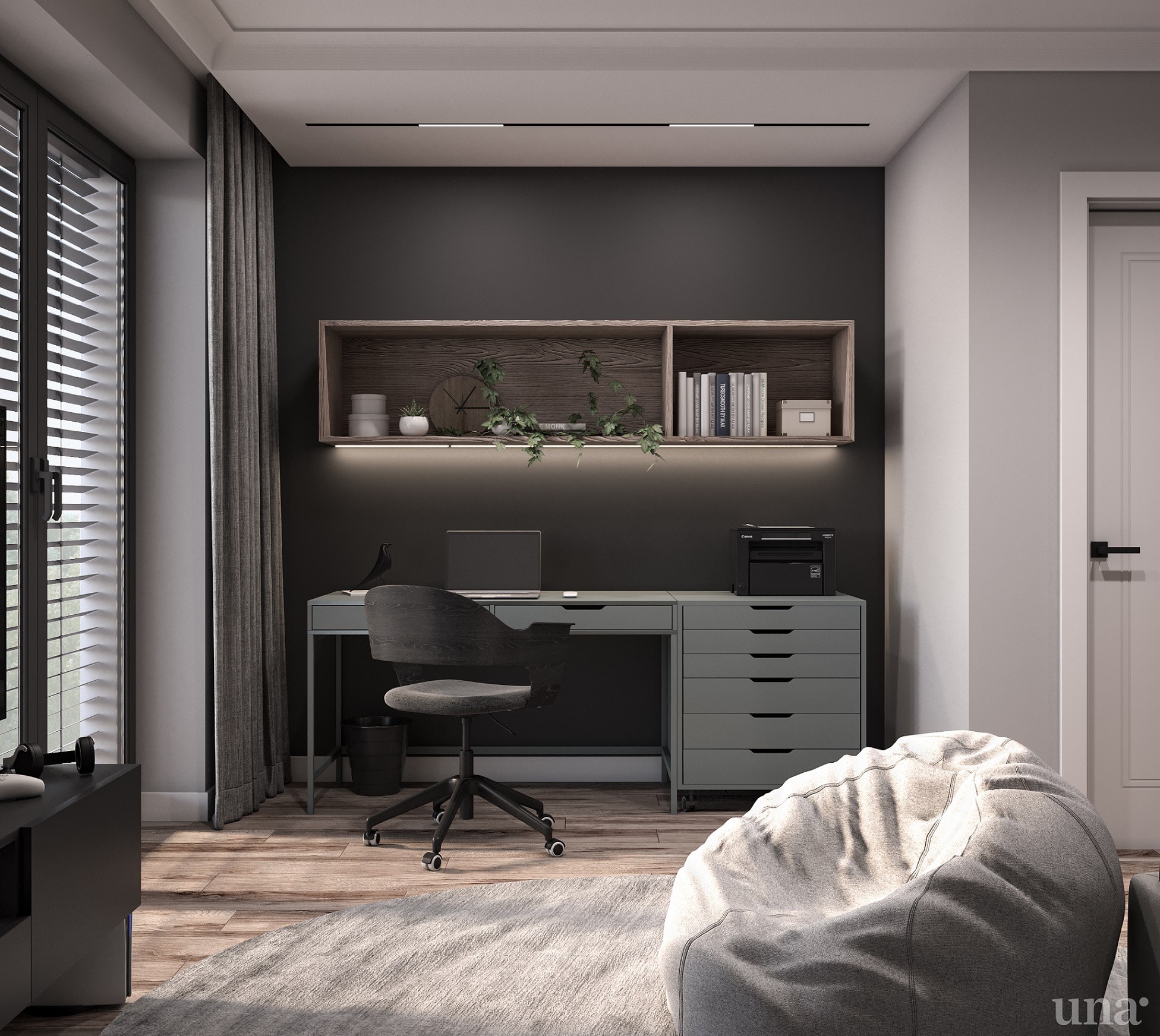 Wizualizacja pokoju do pracy z szarym biurkiem, krzesłem obrotowym, półką z książkami i roślinami podświetloną listwą LED, workiem sako i dywanem na drewnianej podłodze.