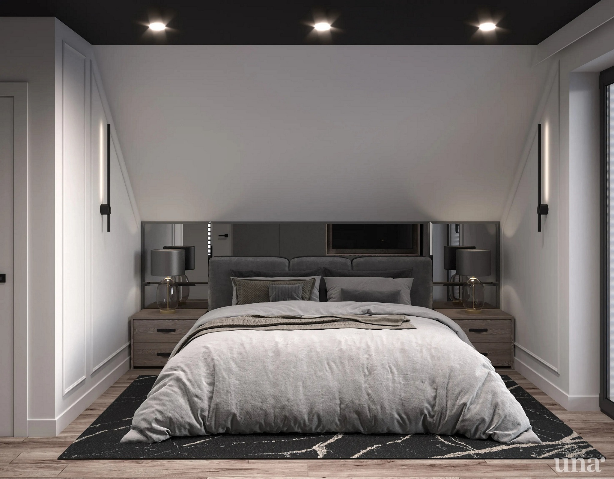 Elegancka sypialnia na poddaszu z łóżkiem małżeńskim, szafkami nocnymi z lampkami, czarnym dywanem w marmurkowy wzór i oświetleniem punktowym oraz listwowymi lampami ściennymi.