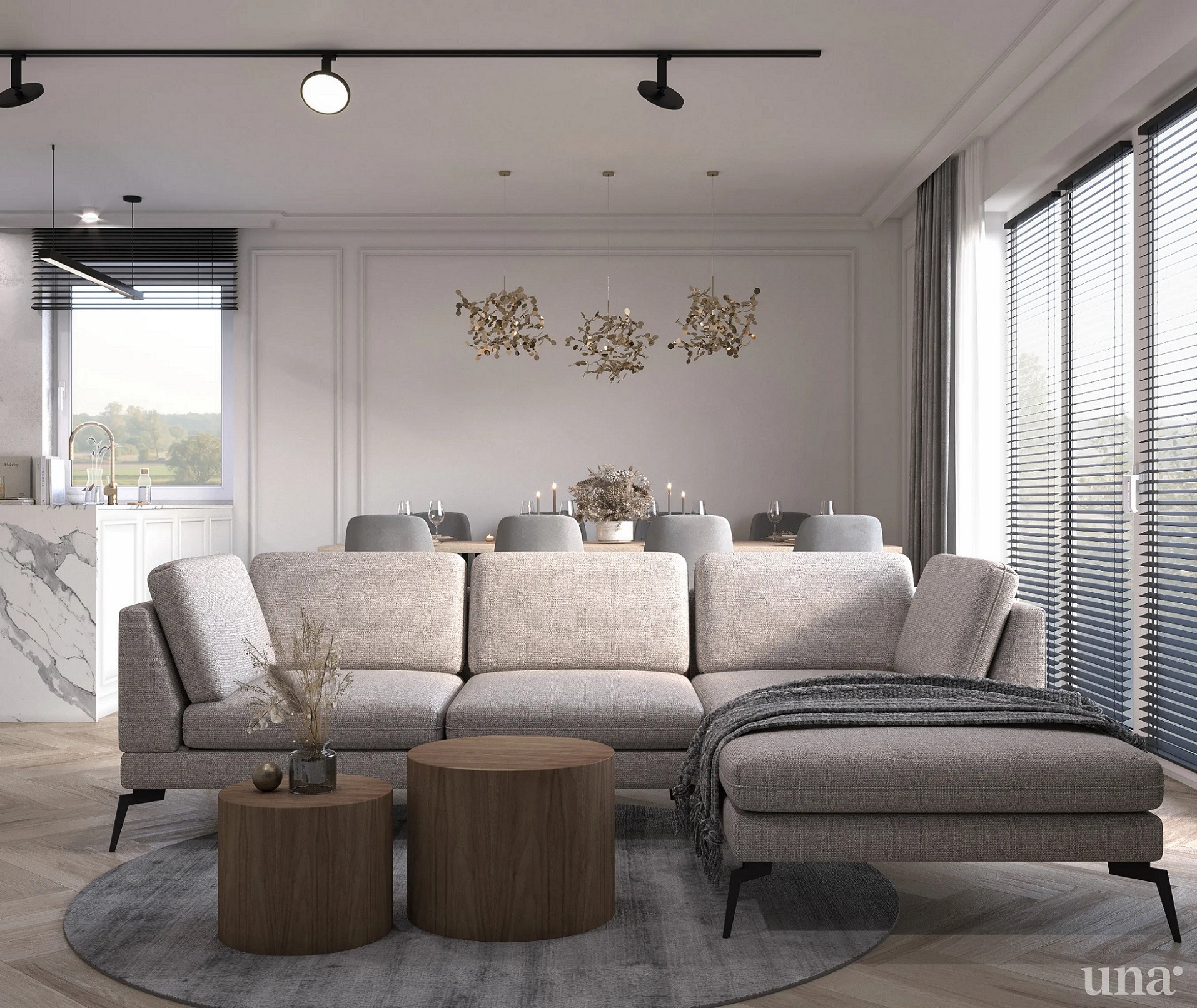 Jasne wnętrze salonu z narożną sofą, okrągłymi stolikami kawowymi i stołem jadalnym w tle, oświetlone nowoczesnymi lampami.