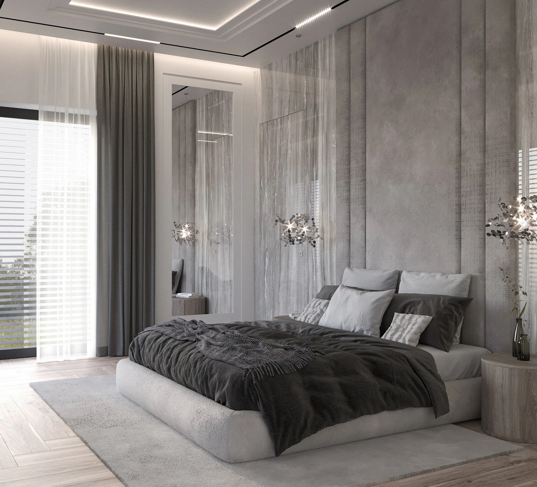 Nowoczesna sypialnia w odcieniach szarości z teksturowaną ścianą, minimalistycznym oświetleniem i łóżkiem z dekoracyjną narzutą w jodełkę.