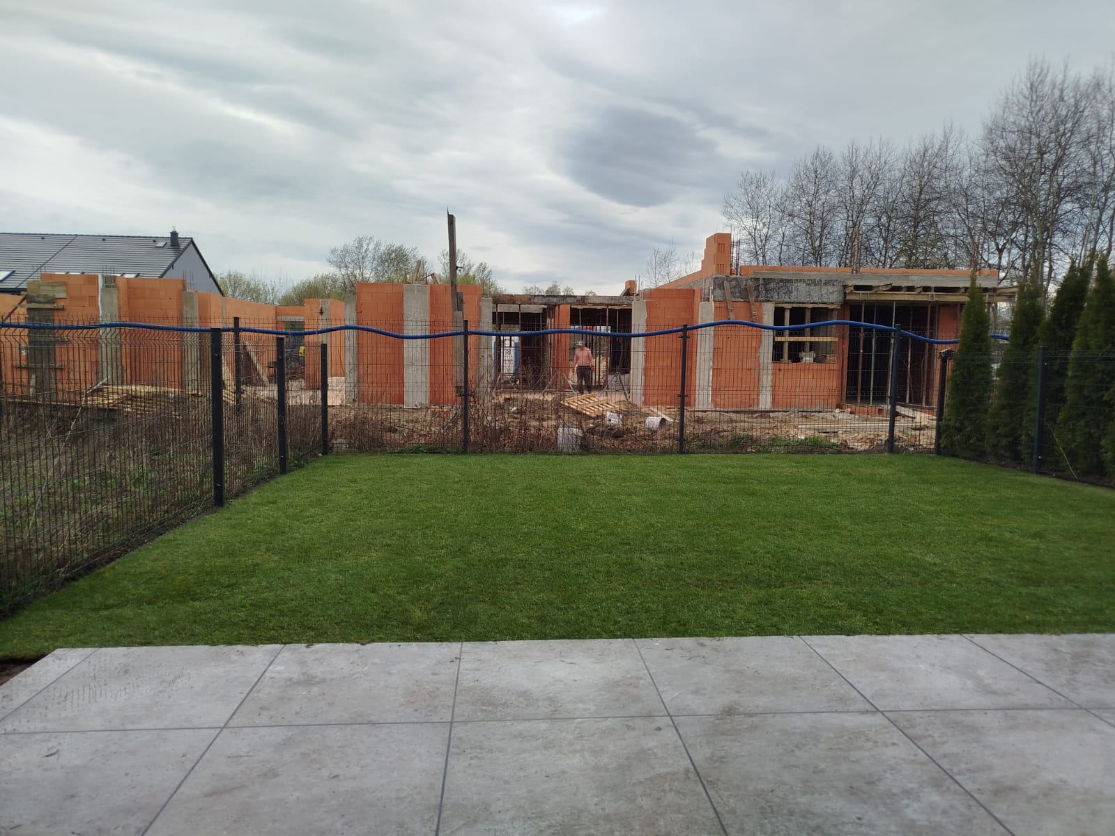 Świeżo ułożony trawnik z rolki przed budynkiem w trakcie budowy, widoczny przez czarne ogrodzenie z siatki. Szare płyty chodnikowe na pierwszym planie, w tle budynek z czerwonej cegły w stanie...