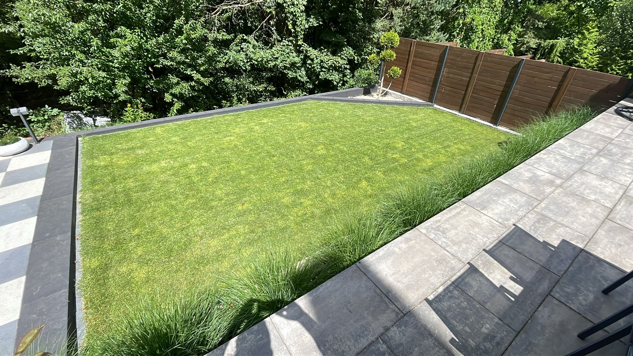 Zadbany trawnik otoczony szarą kostką brukową i dekoracyjną trawą, z drewnianym ogrodzeniem w tle, widziany z góry w słoneczny dzień.