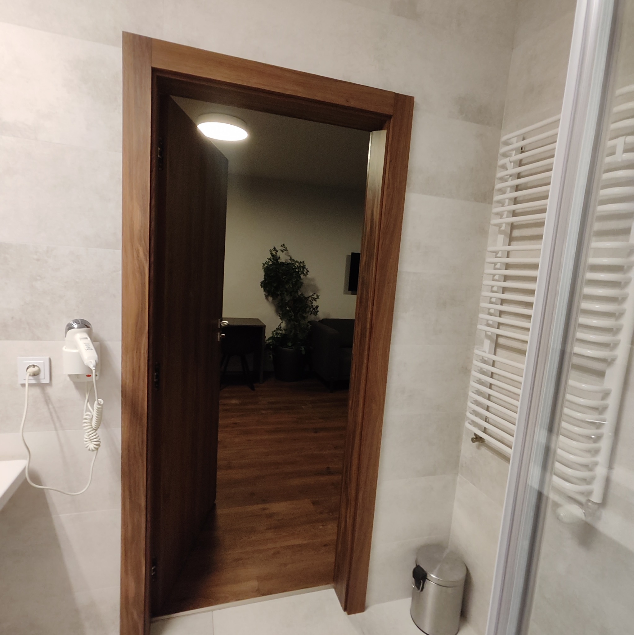 Otwarta, ciemnobrązowa drewniana rama drzwiowa w łazience z widokiem na pokój z ciemnymi meblami, rośliną doniczkową i telewizorem; po lewej stronie suszarka do włosów na ścianie, a po prawej biały...