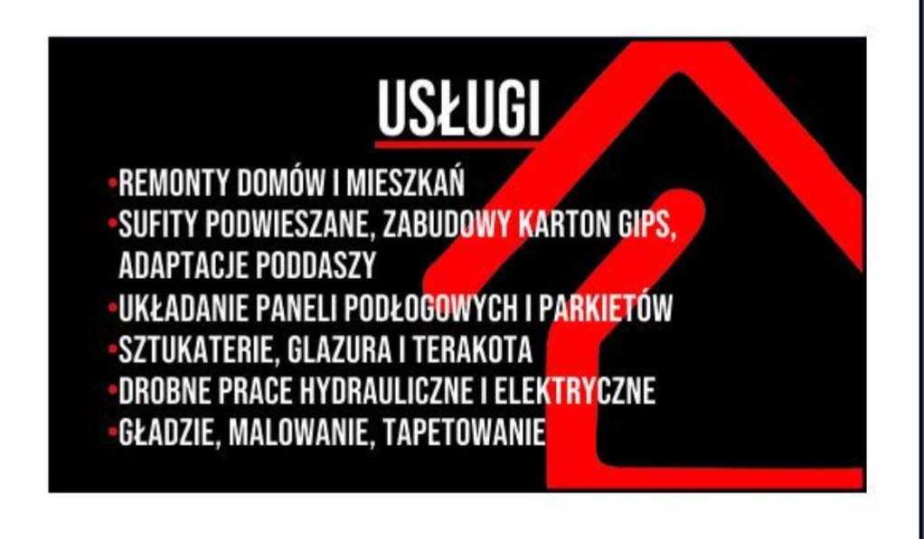 Grafika reklamowa usług remontowych: lista usług w kolorze białym na czarnym tle, z elementem graficznym w kształcie domu w kolorze czerwonym.
