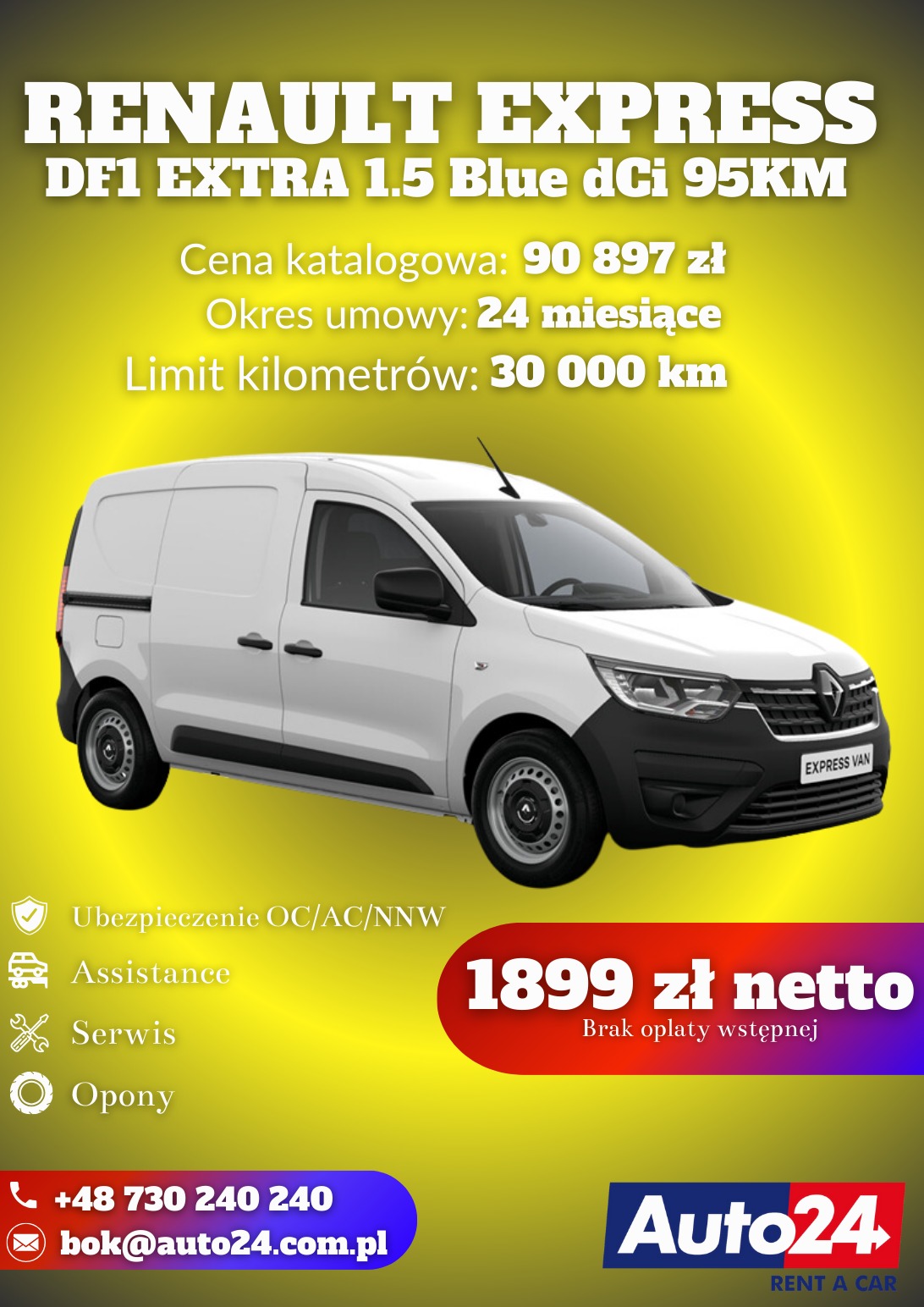 Biały Renault Express Van z informacją o cenie katalogowej, limicie kilometrów i miesięcznej opłacie, z logo Auto24 Rent a Car.