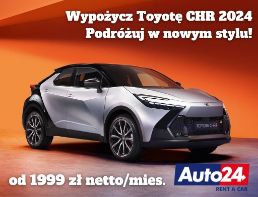 Srebrny Toyota C-HR 2024 na pomarańczowym tle z informacją o wynajmie od 1999 zł netto/miesiąc, oferowany we Wrocławiu przez Auto24 Rent a Car.