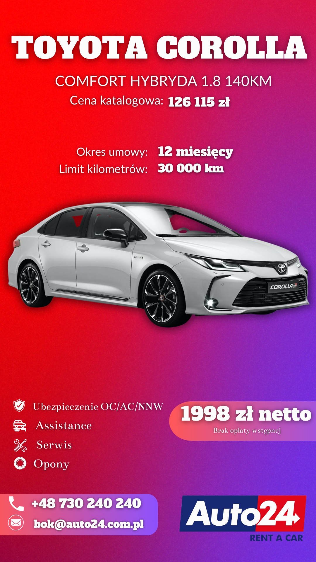 Oferta wynajmu Toyoty Corolli Comfort Hybryda 1.8 140KM: srebrny sedan na tle gradientu, z informacjami o cenie, okresie umowy, limicie kilometrów, ubezpieczeniu, assistance, serwisie, oponach...