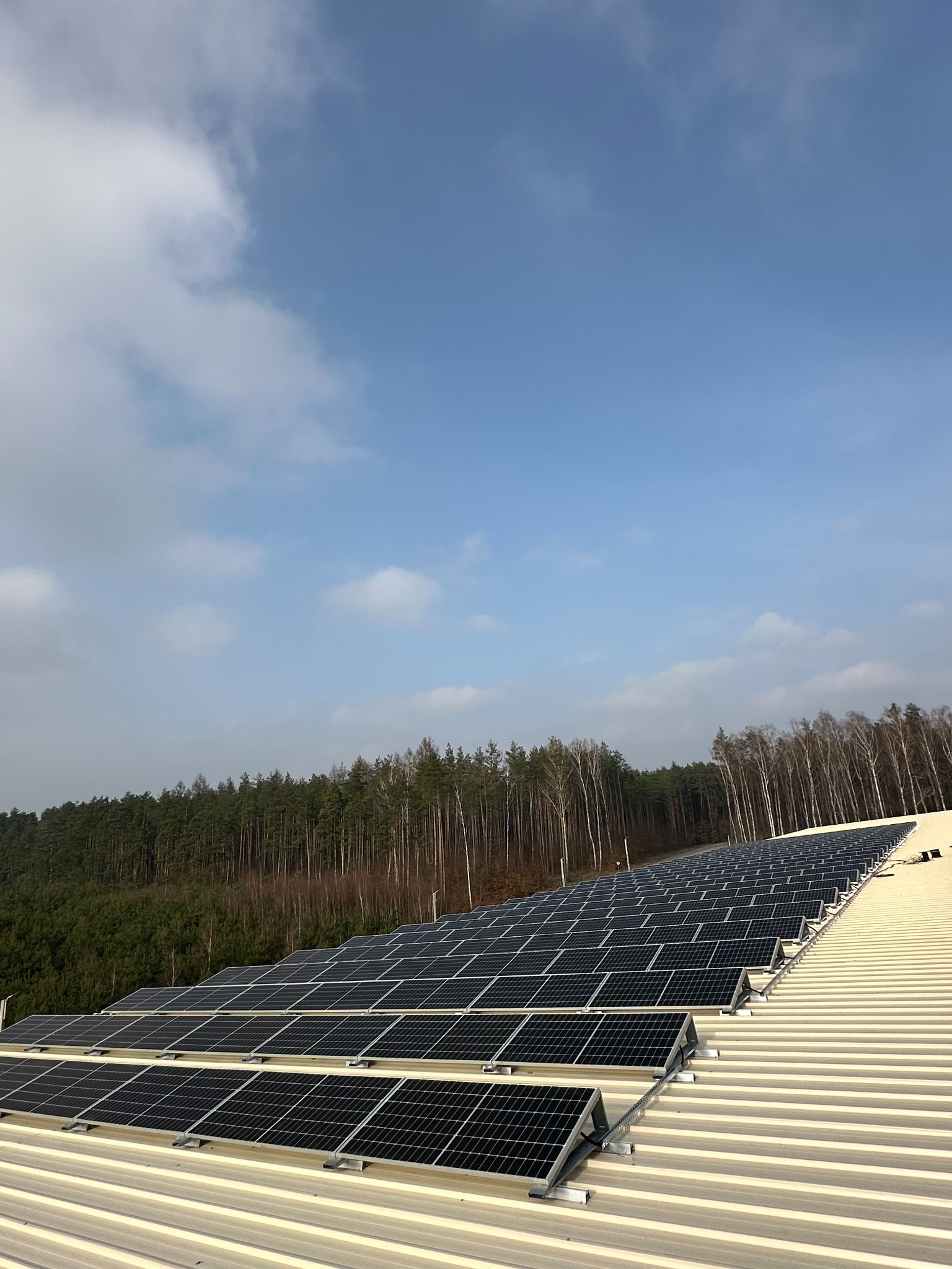 Widok z góry na instalację paneli słonecznych na blaszanym dachu z lasem w tle i błękitnym niebem z chmurami.