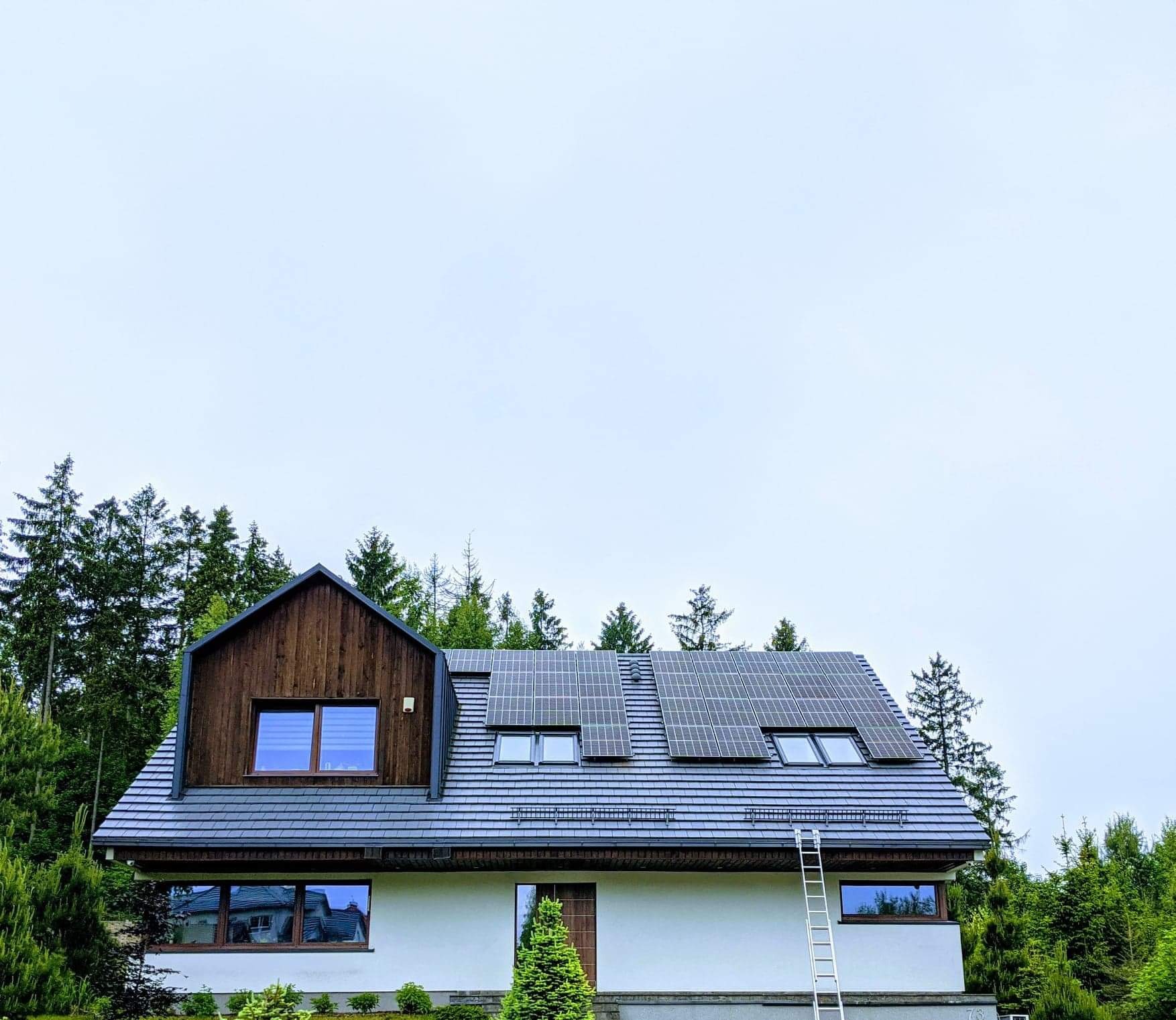 Dom jednorodzinny z panelami słonecznymi na dachu, drabina oparta o ścianę, otoczony zielenią drzew iglastych.