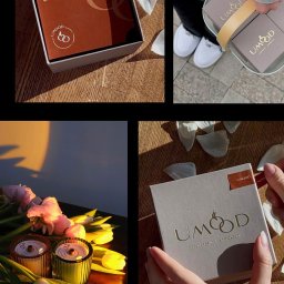 Masiuk Design - Kompozycja czterech ujęć: pudełko z brązową wkładką i logo, osoba niosąca koszyk z pudełkami, świece w szklanych pojemnikach otoczone tulipanami, dłoń trzymająca szare pudełko z wytłoczonym złotym...