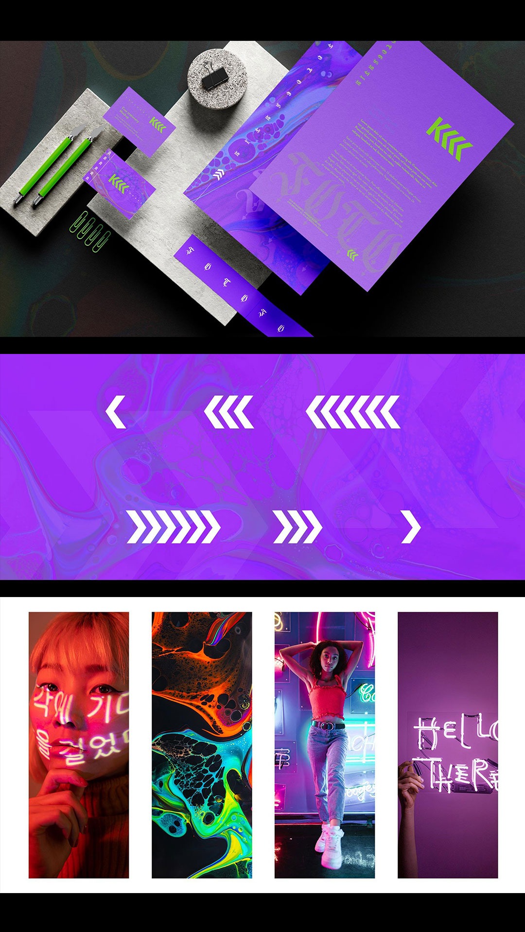 Flat lay prezentujący fioletowe materiały firmowe z zielonymi akcentami, w tym wizytówki, papier firmowy i wstążkę, ułożone na betonowej płycie obok zielonych długopisów i spinaczy.